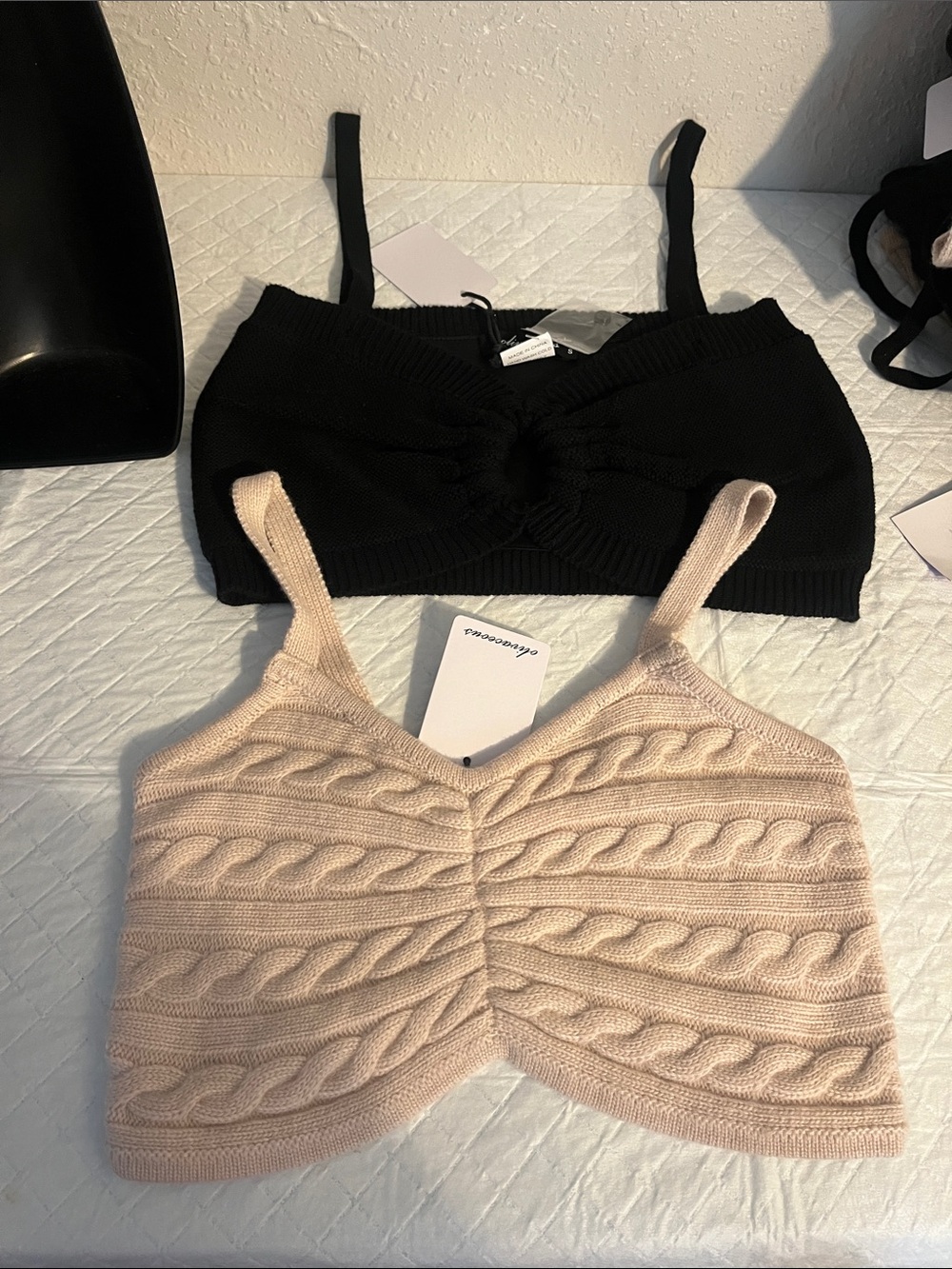 Olivaceous Cable Knit Cropped Camisole Set - Black & Light Pink